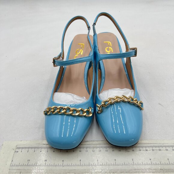 FSJ Sky Blue Slingback Heels Block Chunky Heel Pumps Square Toe Metal Chain Shoe - Picture 3 of 8